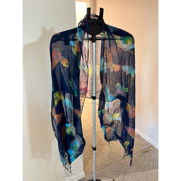 Old Navy Sheer Navy Blue Colorful Butterfly Scarf - Picture 1 of 7
